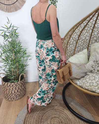 Pantalon femme fluide vert écru et marron Joelle