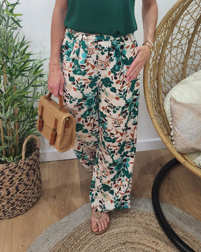 Pantalon femme fluide vert écru et marron Joelle