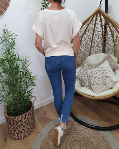 Jean femme bleu moyen skinny 7/8 taille haute effet abîmé