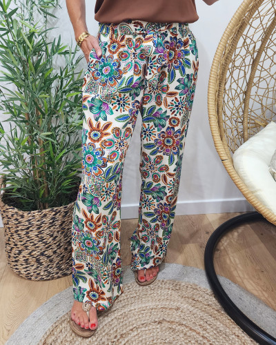 Pantalon femme fluide écru fleuri multicolore Ambroise