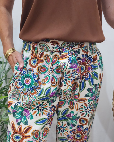 Pantalon femme fluide écru fleuri multicolore Ambroise