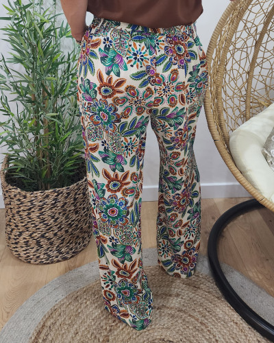 Pantalon femme fluide écru fleuri multicolore Ambroise