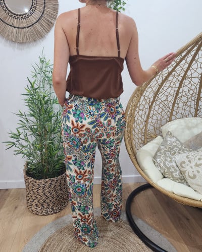 Pantalon femme fluide écru fleuri multicolore Ambroise