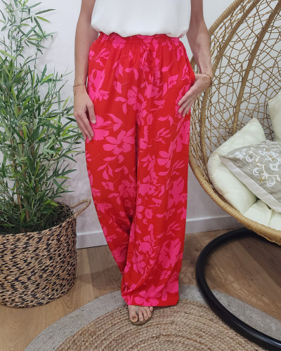 Pantalon femme fluide rouge fleurs roses