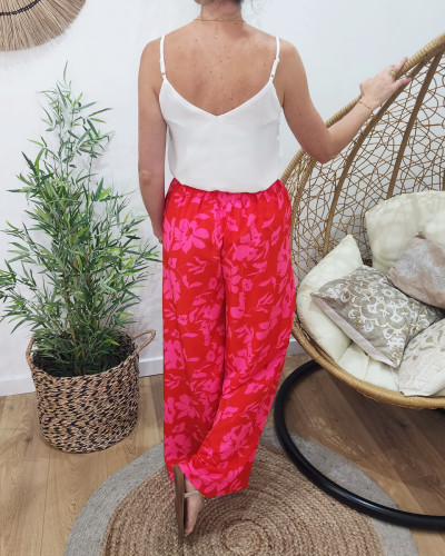 Pantalon femme fluide rouge fleurs roses