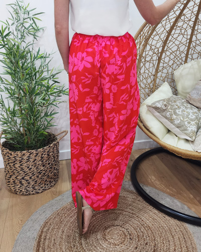 Pantalon femme fluide rouge fleurs roses