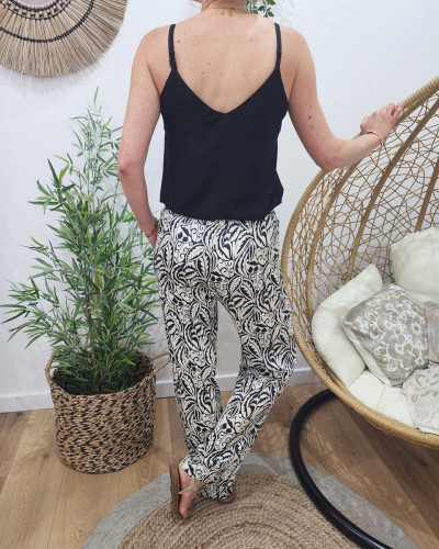 Pantalon femme fluide noir et écru Carlotta