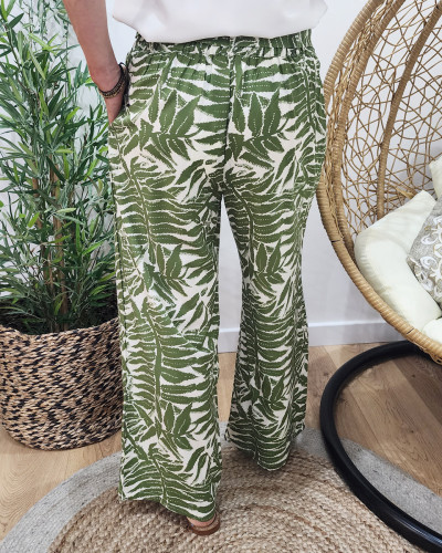 Pantalon femme fluide écru motifs verts Bettina