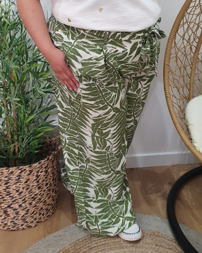 Pantalon femme fluide écru motifs verts Bettina