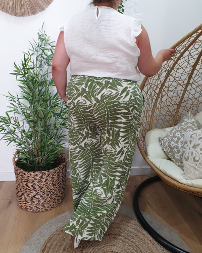 Pantalon femme fluide écru motifs verts Bettina