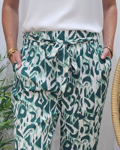 Pantalon femme fluide écru et vert Léana