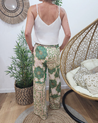 Pantalon femme fluide  beige vert et parme Enrica
