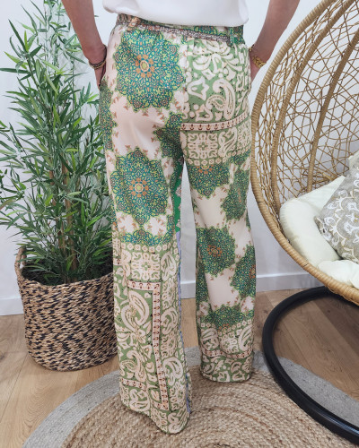 Pantalon femme fluide  beige vert et parme Enrica