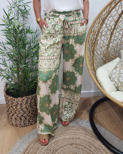 Pantalon femme fluide  beige vert et parme Enrica
