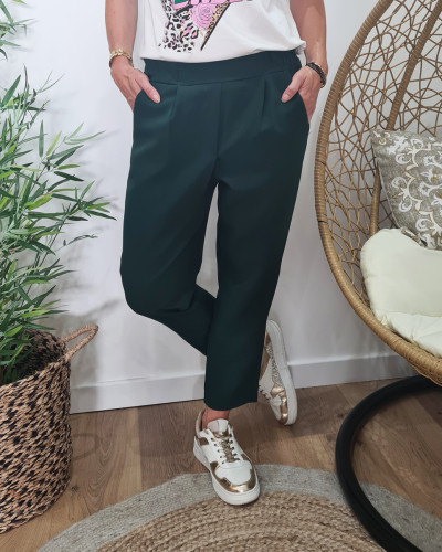 Pantalon tailleur femme fluide 7/8 vert bouteille