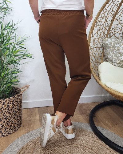 Pantalon tailleur femme fluide 7/8 marron