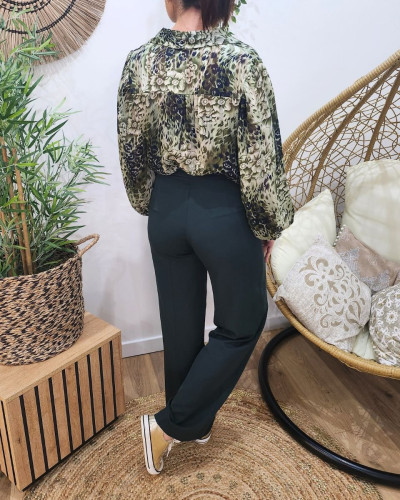 Pantalon femme vert bouteille fluide taille haute boutonné Dina
