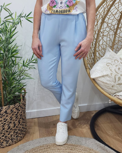 Pantalon tailleur femme fluide bleu ciel