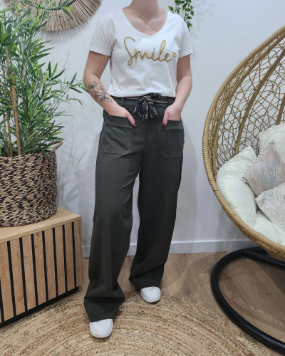 Pantalon femme élastiqué coupe droite et poches