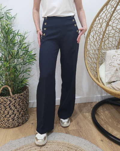 Pantalon femme bleu marine fluide taille haute boutonné Dina