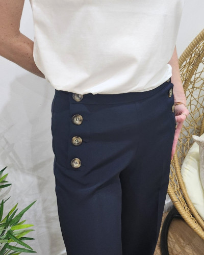 Pantalon femme bleu marine fluide taille haute boutonné Dina