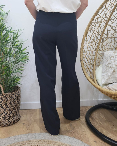 Pantalon femme bleu marine fluide taille haute boutonné Dina