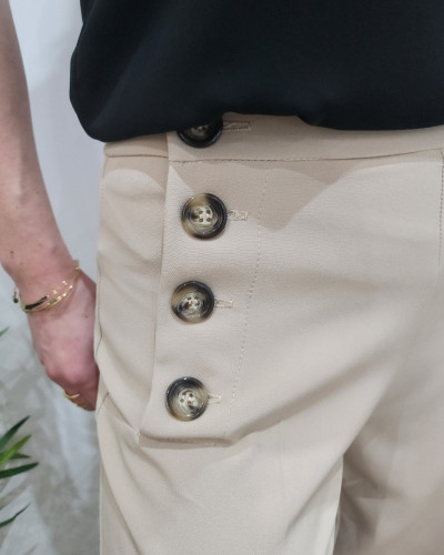 Pantalon femme beige fluide taille haute boutonné Dina