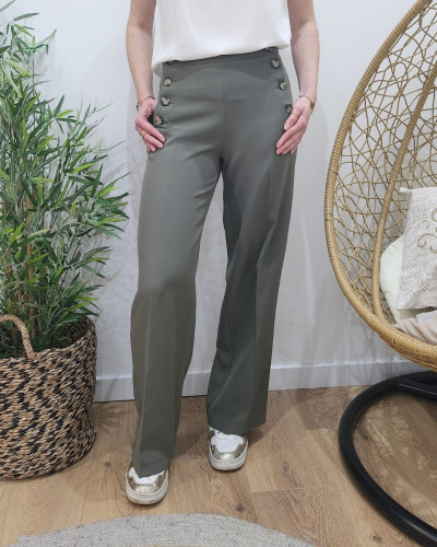 Pantalon femme kaki fluide taille haute boutonné Dina