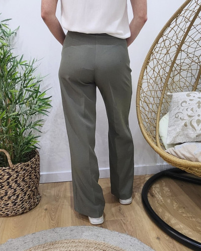 Pantalon femme kaki fluide taille haute boutonné Dina