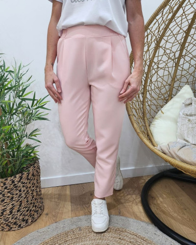 Pantalon tailleur femme fluide rose poudré