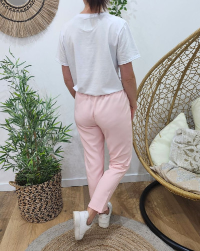Pantalon tailleur femme fluide rose poudré