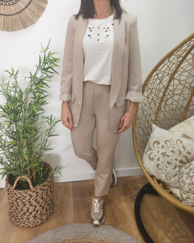 Pantalon tailleur femme fluide beige foncé