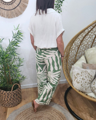 Pantalon fluide femme vert et beige Perry