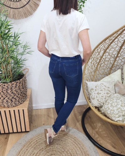 Jean femme bleu foncé slim coupe confort taille haute