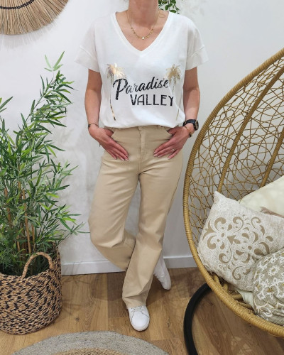 Pantalon femme beige taille haute evase Wide leg 27654
