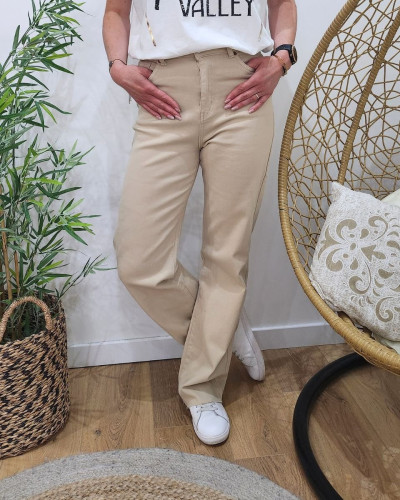 Pantalon femme beige taille haute evase Wide leg 27654