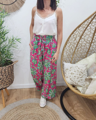 Pantalon fluide femme fuchsia fleurs vertes et beiges