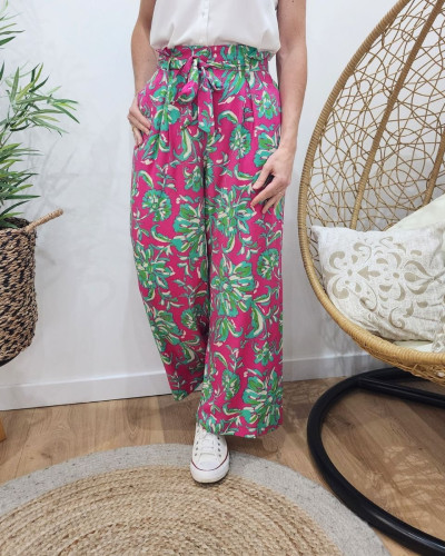 Pantalon fluide femme fuchsia fleurs vertes et beiges 27671