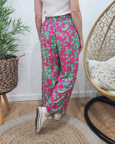 Pantalon fluide femme fuchsia fleurs vertes et beiges