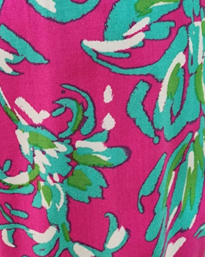 Pantalon fluide femme fuchsia fleurs vertes et beiges