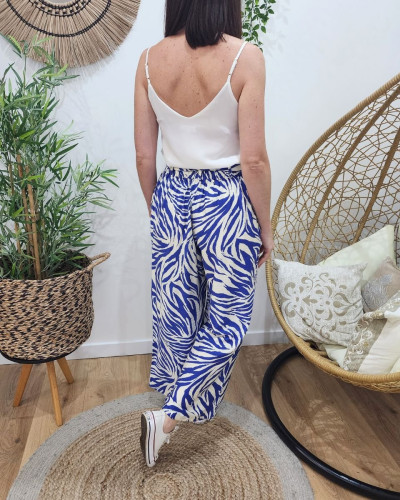 Pantalon fluide femme motifs bleu roi et ecru 27679