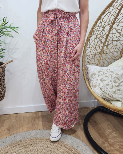 Pantalon fluide femme petites fleurs rouges roses 27703