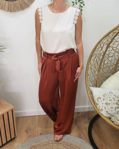Pantalon fluide femme satiné terracota