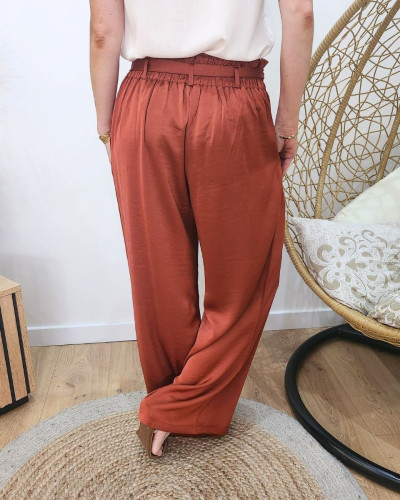 Pantalon fluide femme satiné terracota