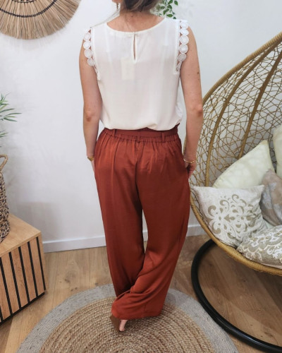 Pantalon fluide femme satiné terracota