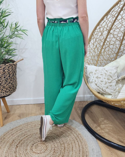 Pantalon fluide femme vert ruban à motifs