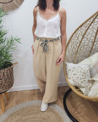 Pantalon fluide femme beige ruban a motifs 27783
