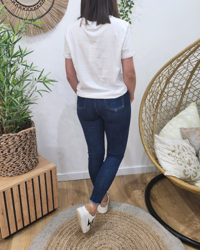 Jean femme skinny bleu foncé délavé 7/8 poches effet abîmé