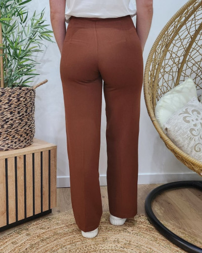 Pantalon femme marron chocolat fluide taille haute boutonné Dina
