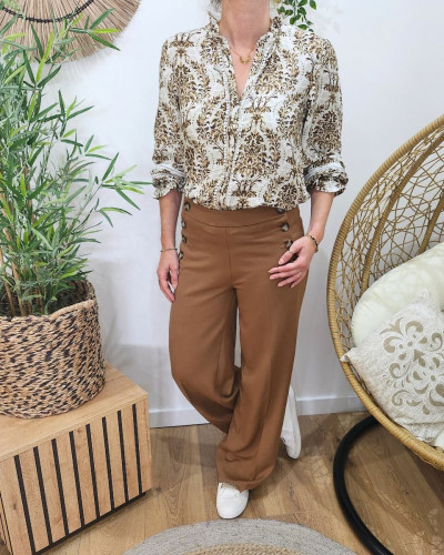 Pantalon femme camel fluide taille haute boutonné Dina